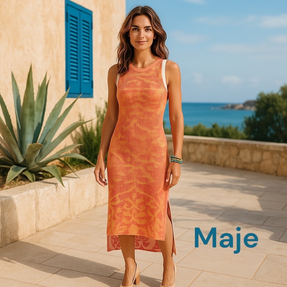 Maje sleeveless ribbed floral knit dress NWT